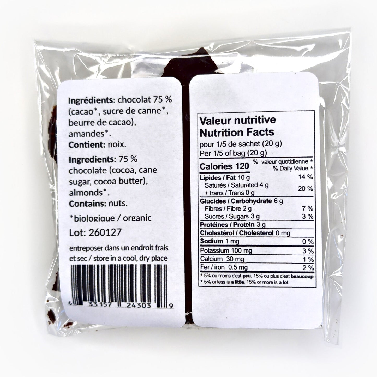 Écorce de chocolat 75% aux amandes grillées